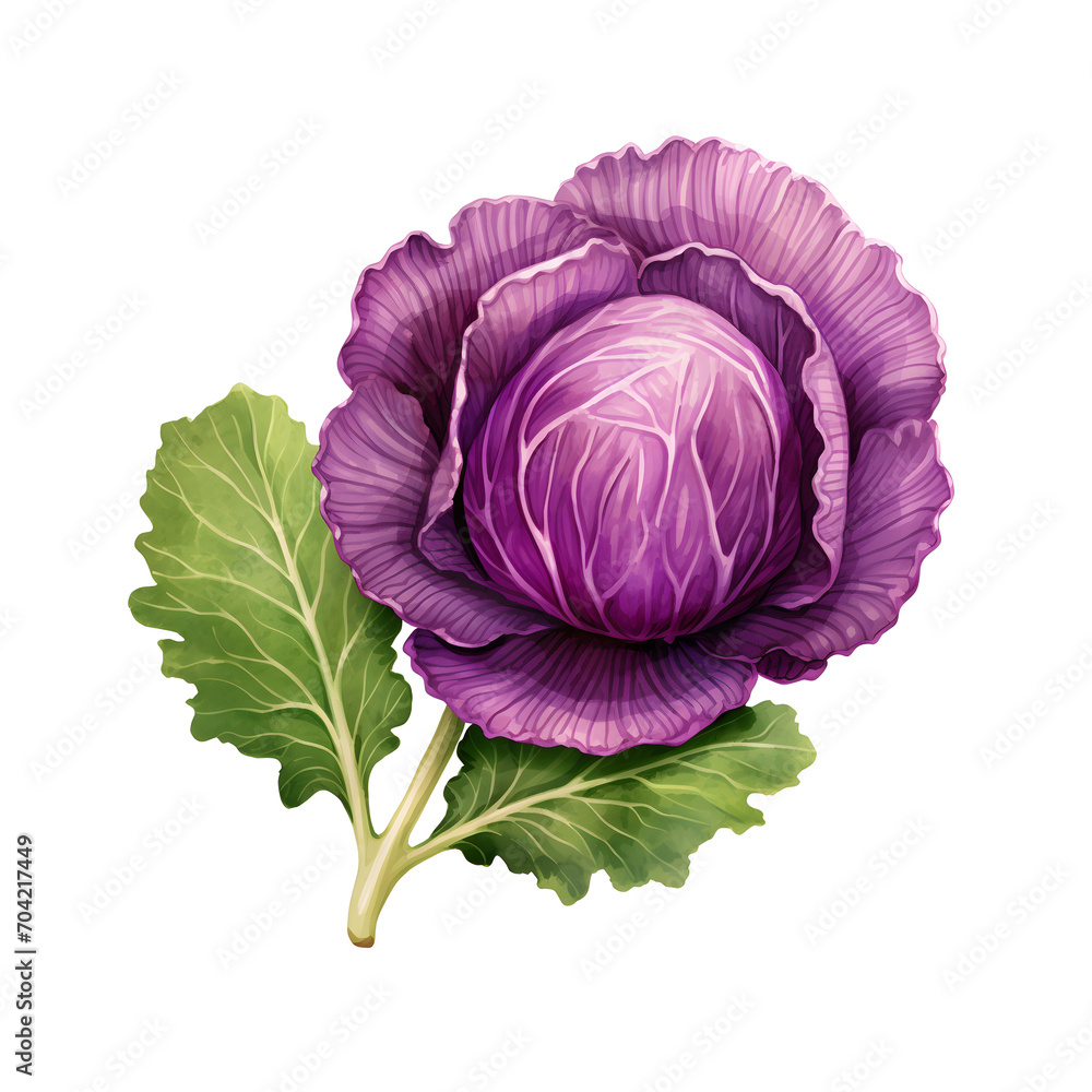 Obraz premium young red cabbage on a png background. ​​violet vegetable on the table. salad cooking concept. illustration of diet food. purple cabbage close up.