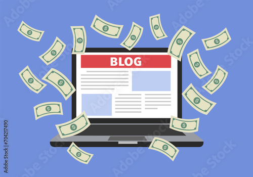 Earn money on your blog - Laptop computer with blog website on screen, money raining down. Cash for blogging, passive income, technology earnings concept.