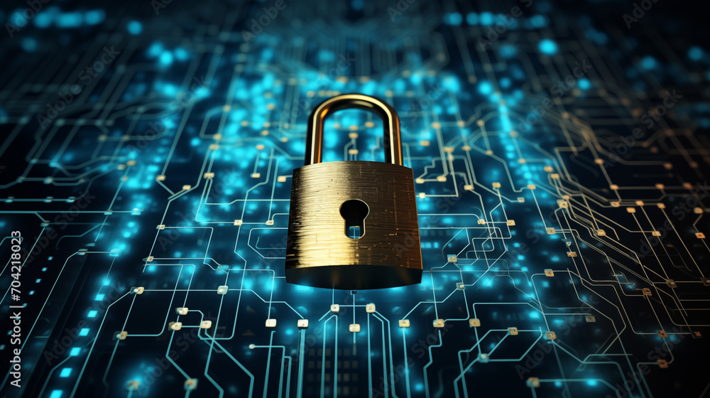 Padlock on silicone board, binary background. Concept for data security and protection. Padlock on silicone board, binary background. Concept for data security and protection.