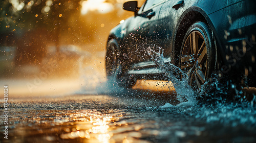 Car driving through a puddle in the rain.