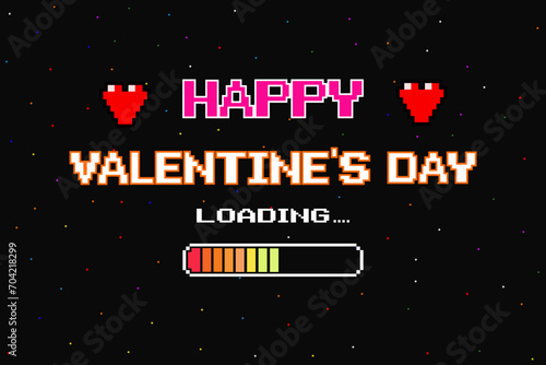 Happy valentine's day Pixel art 8-bit red heart and loading bar on black background