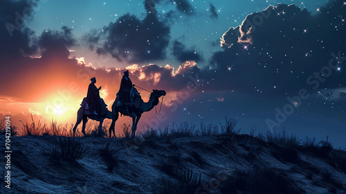 A silhouette of the Three Wise Men traveling on camels along the starlit path to reach Jesus at his birth. ©  creativeusman