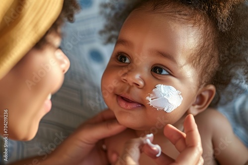 Caucasian mother applying healthy skin care moisturizing cream on cute adorable funny african american baby girl daughter face. Skincare lotion for infant pediatric diathesis treatment, Generative AI  photo