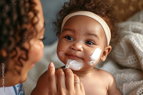 Caucasian mother applying healthy skin care moisturizing cream on cute adorable funny african american baby girl daughter face. Skincare lotion for infant pediatric diathesis treatment, Generative AI  photo