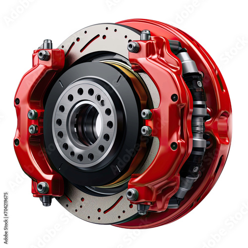 Car brake discs and red calipers on transparent background