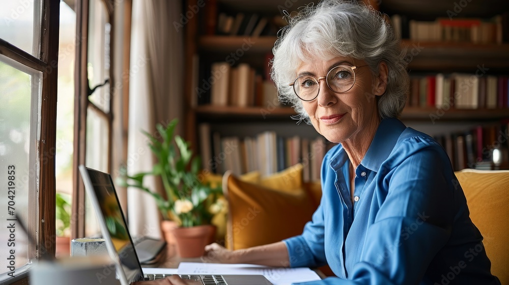 Senior mature older senior adult professional business woman working on laptop from home office, having virtual video call meeting, watching online training webinar e learning class, Generative AI  - obrazy, fototapety, plakaty 