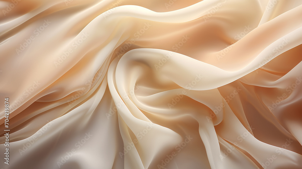 A fabric, in shades of white, beige, and salmon, flows elegantly, showcasing its soft folds and silkiness. A fabric, in shades of white, beige, and salmon, flows elegantly, showcasing its soft folds and silkiness.