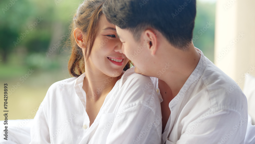 Young adult asia people fiance happy lover flirt fall in love nose lips kiss hug cuddle care trust. Sweet comfort touch newlywed asian couple life man smile look at woman face relax warm time dating. Young adult asia people fiance happy lover flirt fall in love nose lips kiss hug cuddle care trust. Sweet comfort touch newlywed asian couple life man smile look at woman face relax warm time dating.