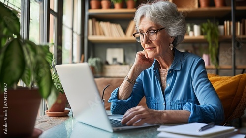 Senior mature older senior adult professional business woman working on laptop from home office, having virtual video call meeting, watching online training webinar e learning class, Generative AI  photo