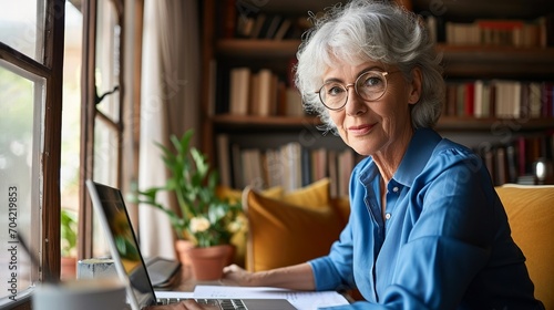 Senior mature older senior adult professional business woman working on laptop from home office, having virtual video call meeting, watching online training webinar e learning class, Generative AI 