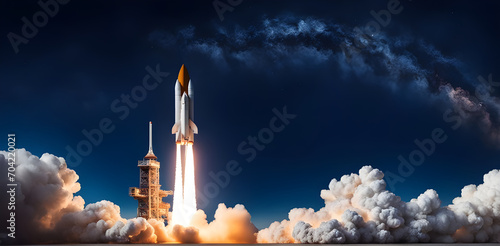 space rocket with blast and smoke successfully takes off into starry. New spaceship lift off, is flying on a space mission