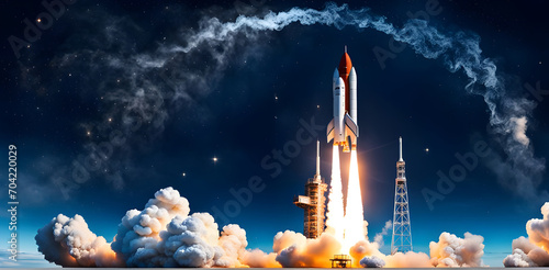 space rocket with blast and smoke successfully takes off into starry. New spaceship lift off, is flying on a space mission