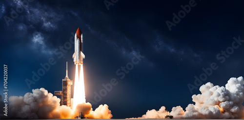 space rocket with blast and smoke successfully takes off into starry. New spaceship lift off, is flying on a space mission photo