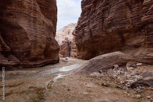 A shallow stream flows between high rocks with beautiful amazing patterns on their walls at the end of a walking trail in the Wadi Numeirah gorge in Jordan