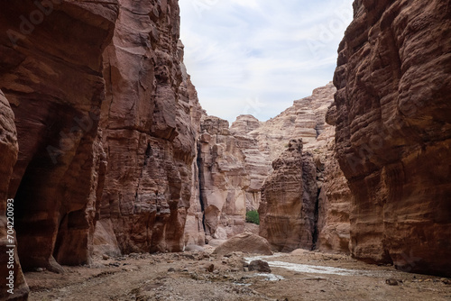 A shallow stream flows between high rocks with beautiful amazing patterns on their walls at end of a walking trail in the Wadi Numeirah gorge in Jordan