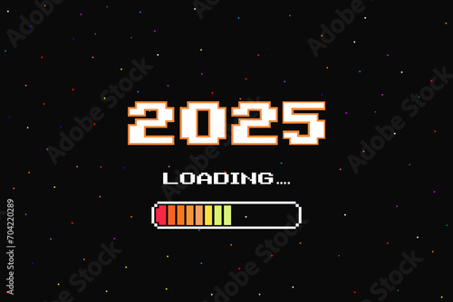 LOADING 2025 .pixel art .8 bit. retro game. for game assets in vector illustrations. Retro Futurism Sci-Fi Background. glowing neon grid and star from vintage arcade computer games