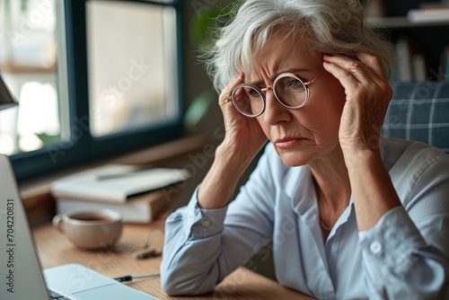 Overworked tired older lady holding glasses feeling headache, having eyesight problem after computer work. Stressed mature senior business woman suffering from fatigue rubbing dry eyes, Generative AI  photo