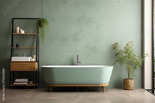 Freestanding bathtub in a sage green bathroom