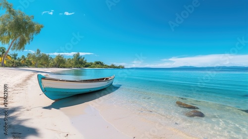 A wooden boat sits on a sandy beach with the ocean in the background,