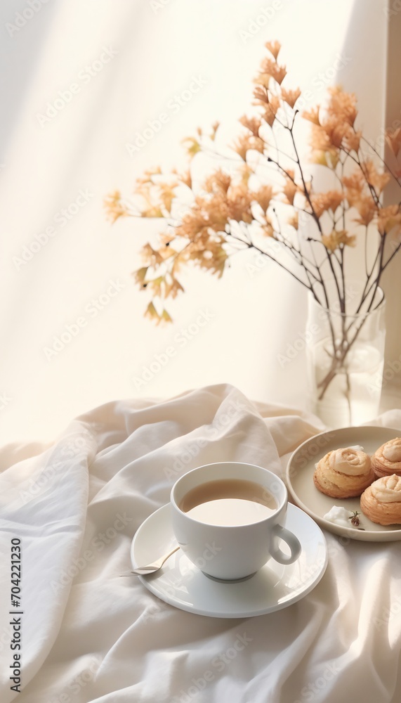 Still life with cup of tea and pastries