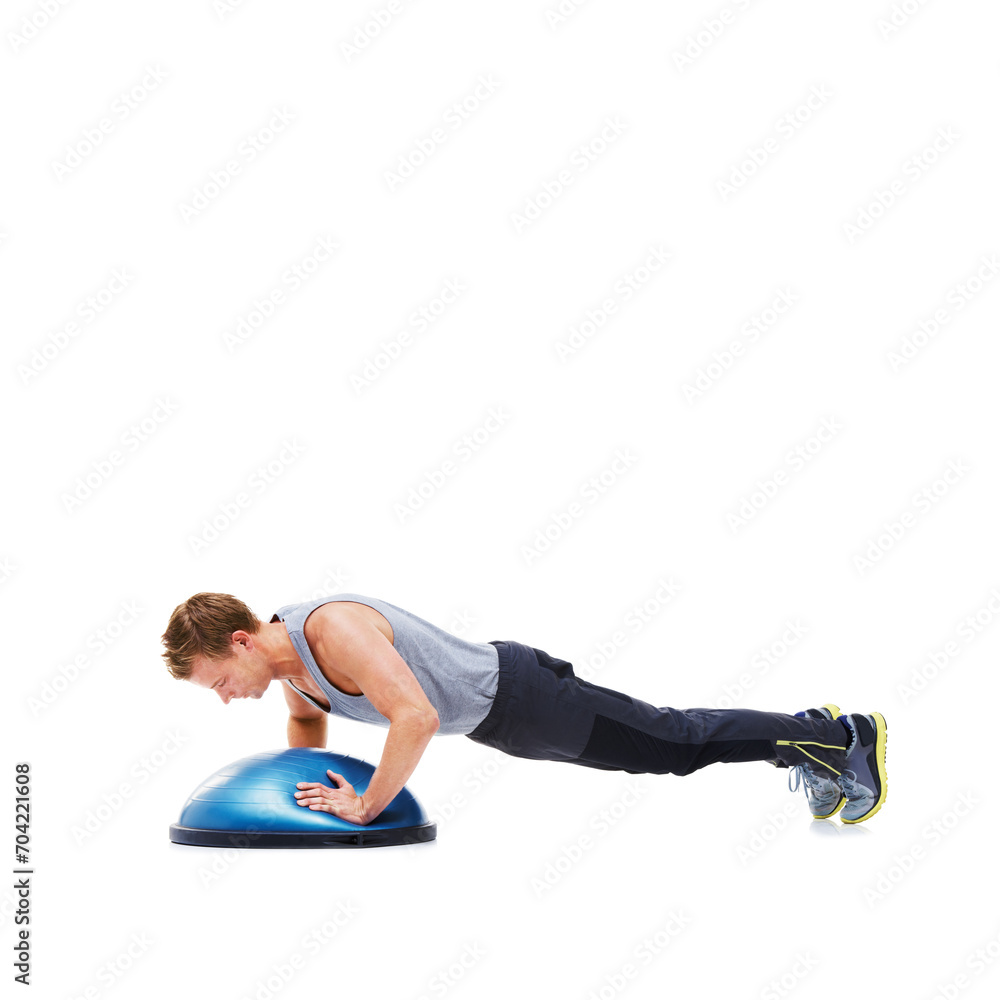 Fototapeta premium Man, training and half ball for plank in studio for fitness, strong exercise and gym with muscle health on floor. Bodybuilder or young sports model with push up or arms workout on a white background