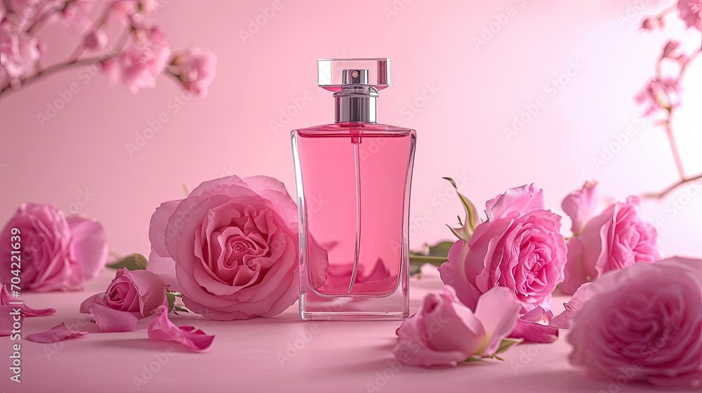 Bottle of female perfume with pink roses on pink color background Bottle of female perfume with pink roses on pink color background