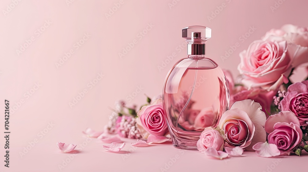 Bottle of female perfume with pink roses on pink color background Bottle of female perfume with pink roses on pink color background