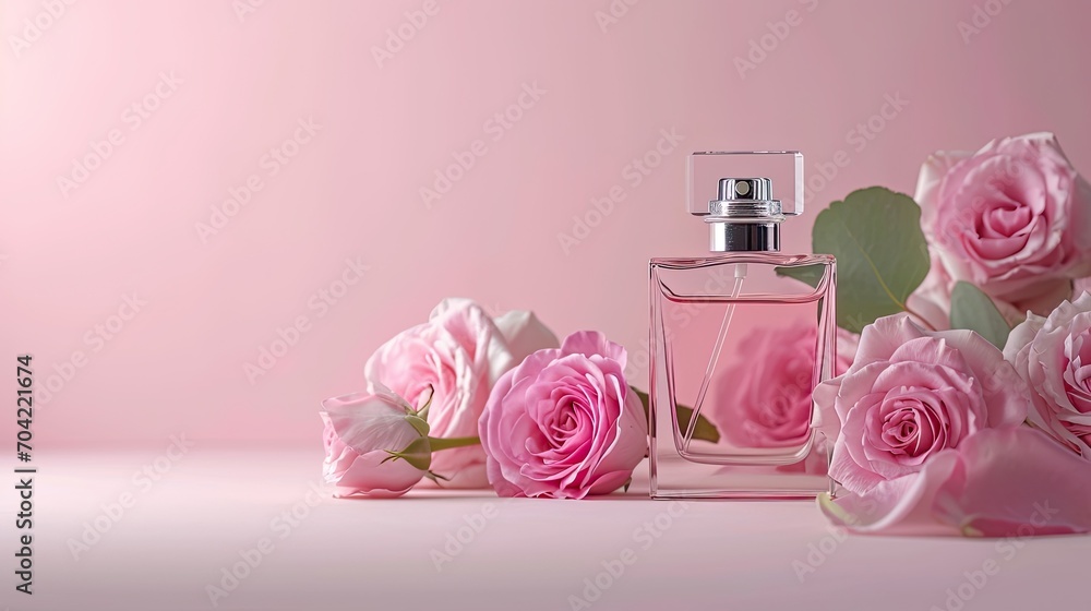 Bottle of female perfume with pink roses on pink color background Bottle of female perfume with pink roses on pink color background