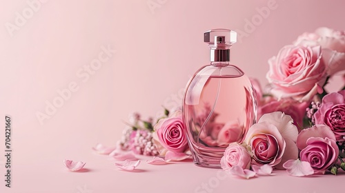 Bottle of female perfume with pink roses on pink color background 