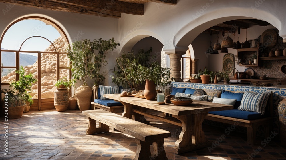 Rustic Mediterranean Kitchen and Dining Room with a View