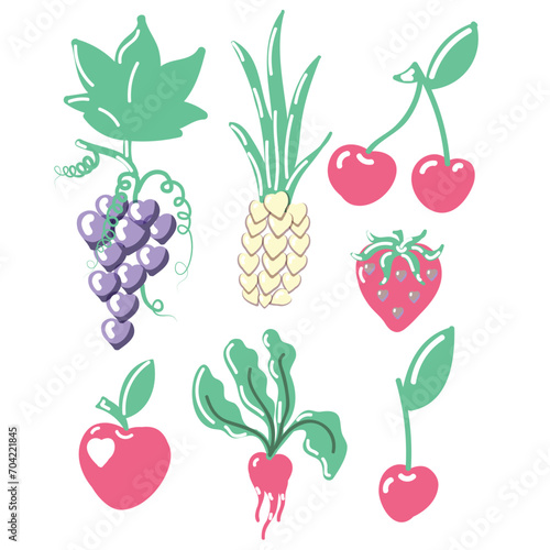 A set of berries and fruits in the shape of hearts. Vector illustration isolated on white background. Vector illustration