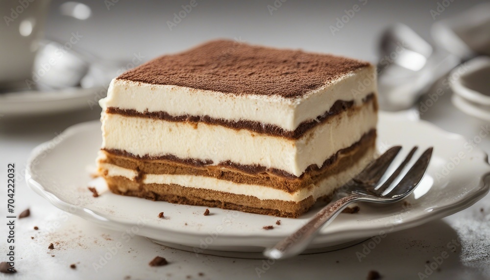 Tiramisu cake on a white plate, selective focus.