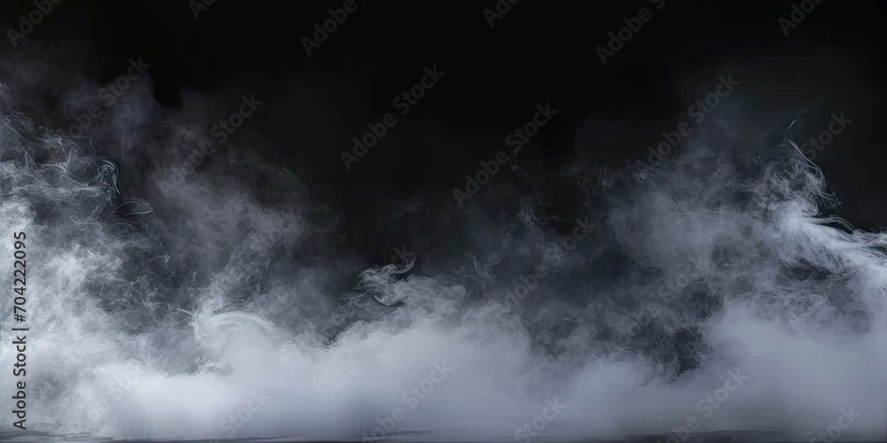 Enigmatic smoke elegance. Captivating composition of abstract black background with wisps of textured motion white light and ethereal mist creating dreamy and mysterious atmosphere - obrazy, fototapety, plakaty 