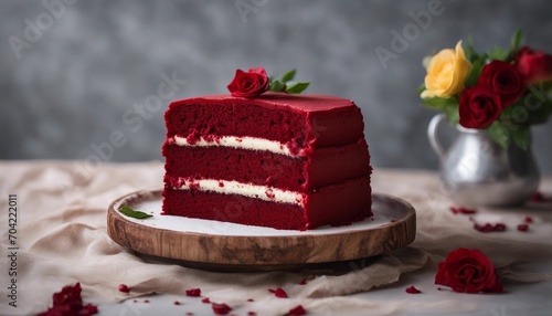 Red velvet cake with red roses on a wooden plate, selective focus.