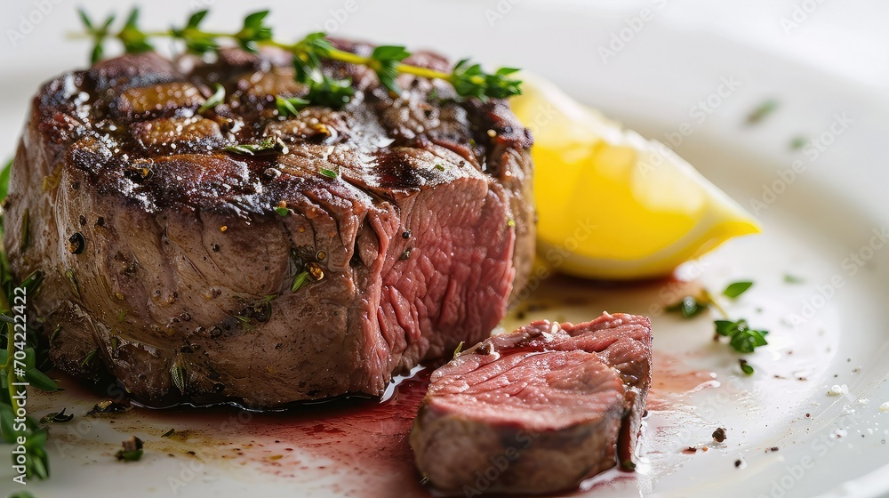 Grilled beef tenderloin steak with butter and thyme. Filet Mignon recipe with vegetables. Grilled beef tenderloin steak with butter and thyme. Filet Mignon recipe with vegetables.