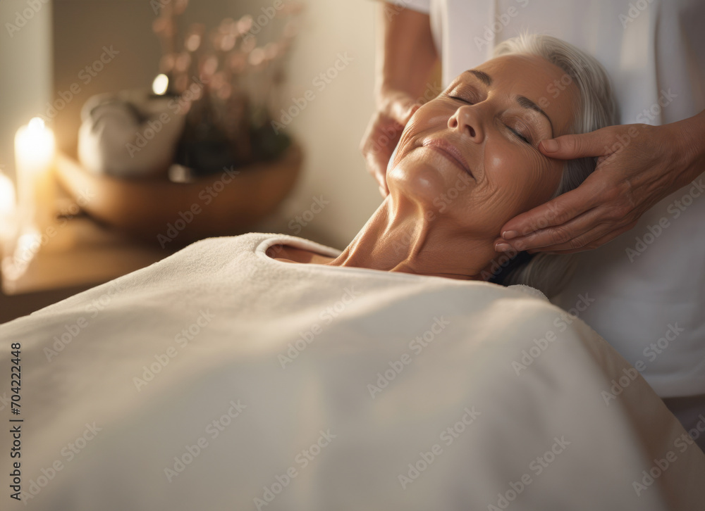 Attractive grey-haired senior enjoying facial massage at spa, pamper yourself. copy space. - obrazy, fototapety, plakaty 
