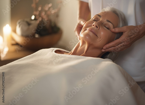Attractive grey-haired senior enjoying facial massage at spa, pamper yourself. copy space. photo