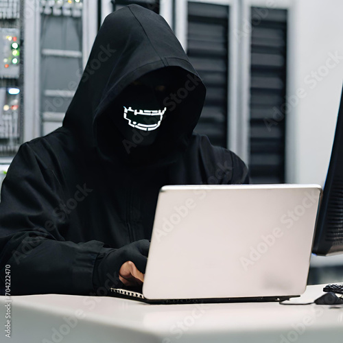 a man in hood hacking computer.