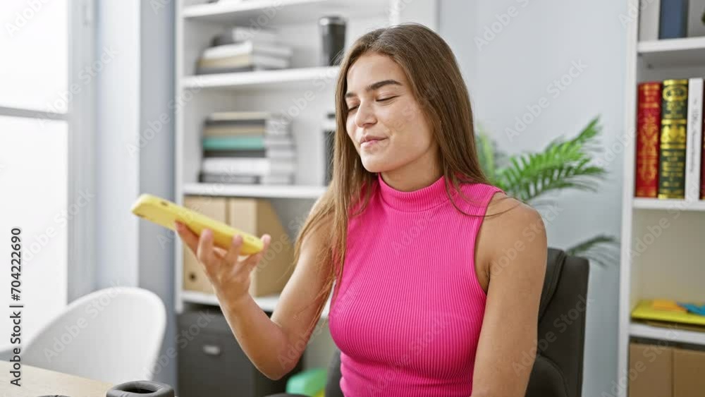 Attractive young hispanic woman succeeding in business, smiling while working indoors at the office. sending an audio message via smartphone. professional worker in a beautiful portrait. Attractive young hispanic woman succeeding in business, smiling while working indoors at the office. sending an audio message via smartphone. professional worker in a beautiful portrait.