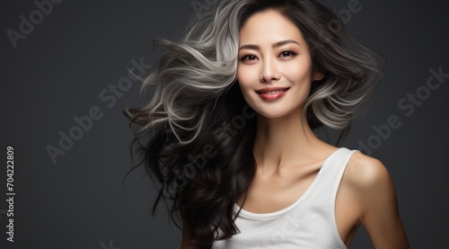 Asian woman with half black and half white hair
