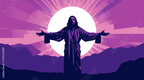 Silhouette of Jesus Christ in purple and orange tones.2D flat graphic design of christianity
