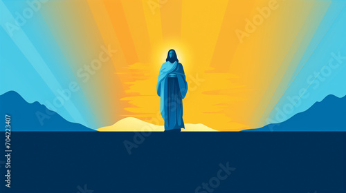 Silhouette of Jesus Christ in yellow and blue tones. 2d flat image of a leader of christianity. 