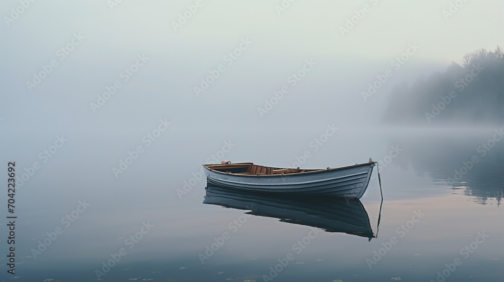 Wooden boat on calm lake with morning fog