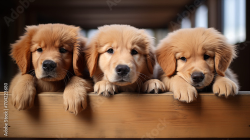 Three golden retriever puppies resting on wooden, studio light.