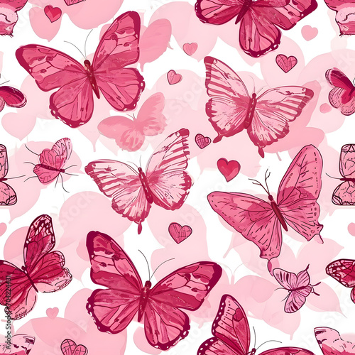 Pink butterfly seamless pattern on background.