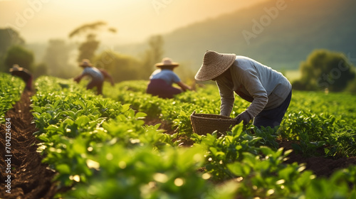 Workers harvesting tea plants in the evening. Organic farming concept.