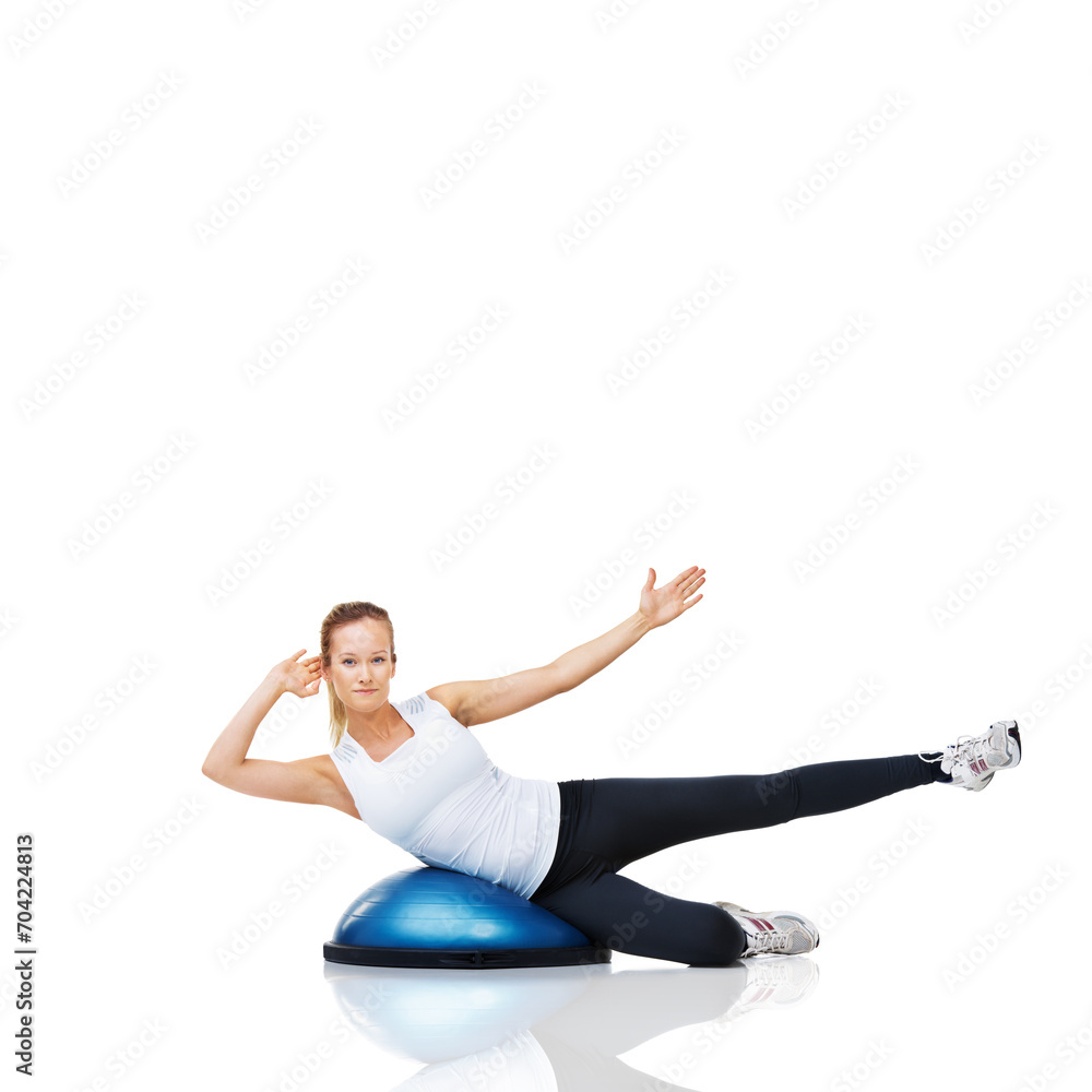 Woman, athlete and fitness with bosu ball for core training and muscle, balance and workout on white background. Exercise equipment, strength and endurance with mockup space and strong in studio Woman, athlete and fitness with bosu ball for core training and muscle, balance and workout on white background. Exercise equipment, strength and endurance with mockup space and strong in studio