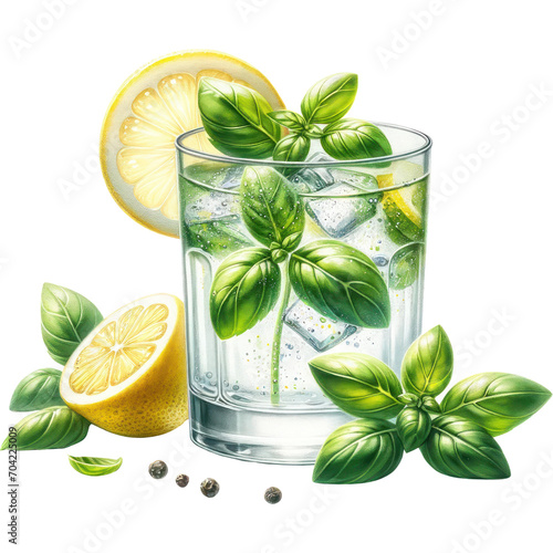 Lemon Basil Spritzer, Hyper realistic Watercolor painting of a glass of Lemon Basil Spritzer © Nat