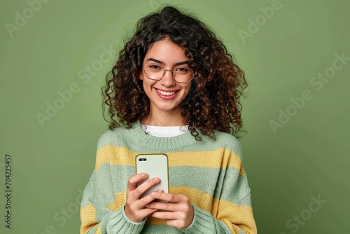 Young adult smiling happy pretty latin woman holding mobile phone looking at camera, doing ecommerce shopping on smartphone, using trendy dating apps on cellphone isolated on green, Generative AI  photo