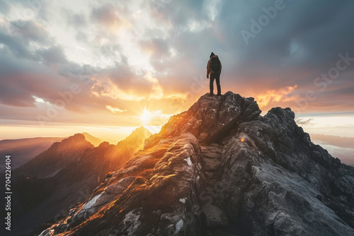 A lone hiker stands on the summit of a rugged mountain peak at sunrise, overlooking a vast, inspiring landscape.